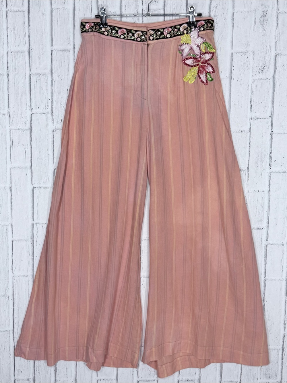 🌸 Aratta Pink Striped Embroidered Floral Wide Leg Pants Size Small NWOT